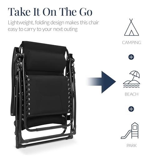 Best Choice Products Oversized Padded Zero Gravity Chair, Folding Outdoor Patio Recliner, XL Anti Gravity Lounger for Backyard w/Headrest, Cup Holder, Side Tray, Polyester Mesh - Black - color: Black