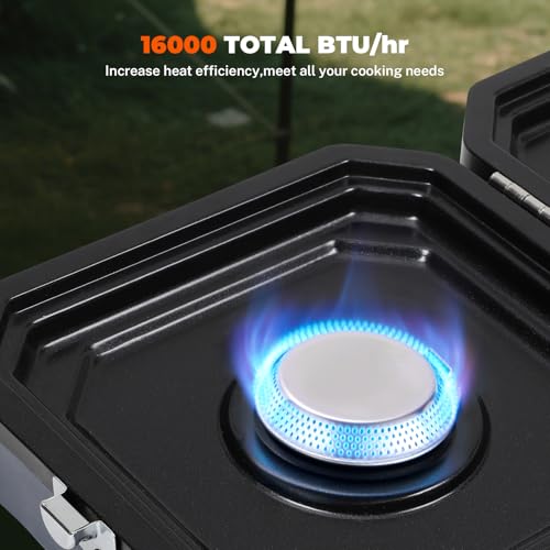 Adjustable 2-Burner Portable Stove with 16000 BTU, with Camping Grill and Carrying Bag, Portable Propane Camp Stove with 2 Burners & Piezo Ignition for Camping, Backyard BBQ,Tailgating (Blue) - color: Blue