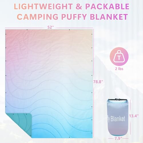 Camping Blanket,Waterproof Lightweight Puffy Camping Outdoor Blankets Packable Picnic Blanket Top Quilt for Sleeping Travel Stadium Hiking Cold Weather 55"x78.8" - color: Rainbow Gradient Blanket