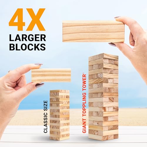 GoSports Giant Wooden Outdoor Stacking Game – Stacks Up to 3 ft – Large Toppling Tower with Case for Yard Games, Family Game Night, Camping, and Parties - color: Brown