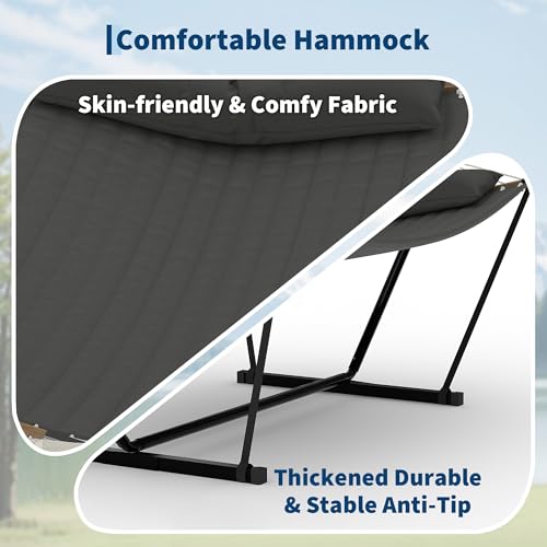 2 Person Double Hammock with Adjustable Steel Stand & Pillow, Heavy Duty Portable Outdoor Hammock Set, MAX 450 LBS Weight Capacity for Patio, Garden, Beach, Backyard - color: V-dark Gray
