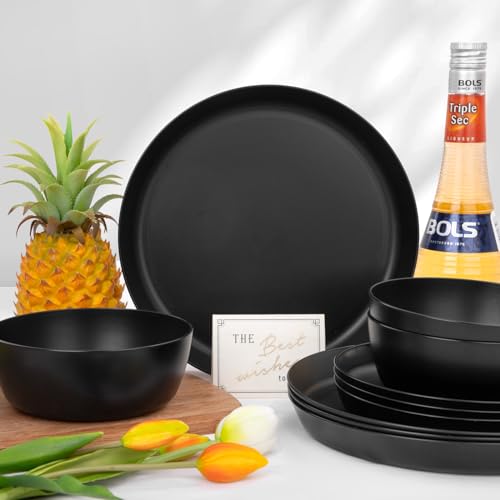 EI 12pcs Wheat Straw Dinnerware Set of 4,Plates and Bowls Sets,Plastic Plate Reuasble Unbreakable,Heavy Duty Plastic Plates for Camping,Picninc,Family Dinner - color: Black Wheat Straw Plates and Bowls