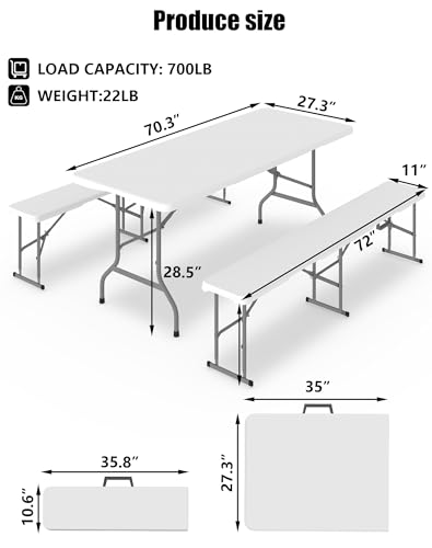 Folding Table Set with 2 Benches, 6 FT Picnic Table and Bench Set, 3- Piece Foldable Camping Tables Sets for Indoor & Outdoor, Portable Plastic Tables Chairs for Party, Wedding, Event, BBQ - color: White, size: 2 Folding Bench and 1 Folding Table