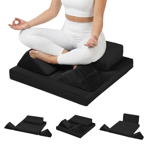 Meditation Cushion Set, Meditation Pillow for Sitting on Floor, Large Yoga Pillow with Knee Support, Washable Zafu Meditation Mat, 3 Shapes Floor Pillow for Adults, Black - color: Black