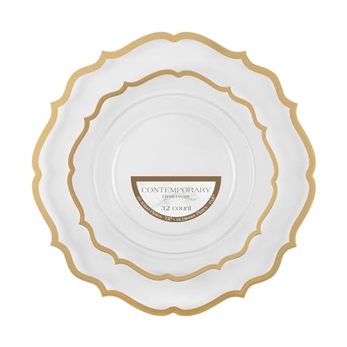 PLASTICPRO 32 Pack Elegant Disposable Plastic Plates Combo Set Includes 16 Dinner Plates and 16 Salad Plates Heavy Duty Fancy Party Plates Clear & Gold Contemporary Design - color: Clear & Gold Contemporary
