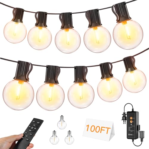 Outdoor String Lights with Remote Dimmer, 50 + 3 Spare G40 LED Bulbs Plug in Connectable Patio Lights, Waterproof Hanging Lights for Backyard Camping Balcony Yard Deck Party(100FT) - style: 100FT-G40(Remote+Dimmer)