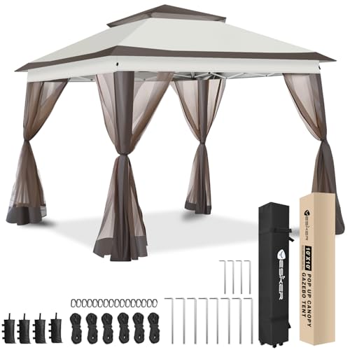 Yesker 10x10 Pop Up Canopy Tent w Mesh Netting Sidewall Vented Top - Heavy Duty Outdoor Canopy, Easy Setup Shelter Gazebo Waterproof 10x10 Popup Tnets for Patio Backyard Parties & Events, Khaki Brown - size: 10x10FT Khaki Brown w Netting Sidewall