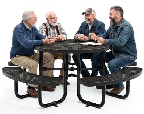 Metal Picnic Tables for Outdoors with Umbrella Hole - Coated Steel Heavy Duty Commercial Grade Furniture Set with Adjustable Seats (Black, 46 in, Round, Punched Steel) - color: Black, size: 46 In, Round, Punched Steel