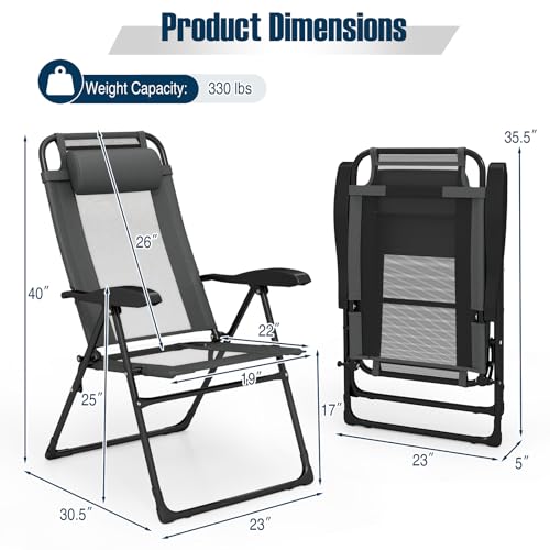 Giantex Set of 2 Patio Folding Chairs, Portable Outdoor Dining Chairs with 7-Level Adjustable Backrest, Headrest, Metal Frame, Outside Recliner for Front Porch Camping Picnic Lawn Garden, Dark Gray - color: Dark Gray
