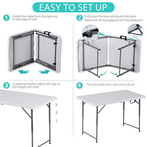 ZenStyle 4 ft Folding Table, 48x24 Inch White Portable Plastic Table, Height Adjustable & Lightweight for Indoor Outdoor Use, Camping, Parties, Events, Dining - size: 48"x24"