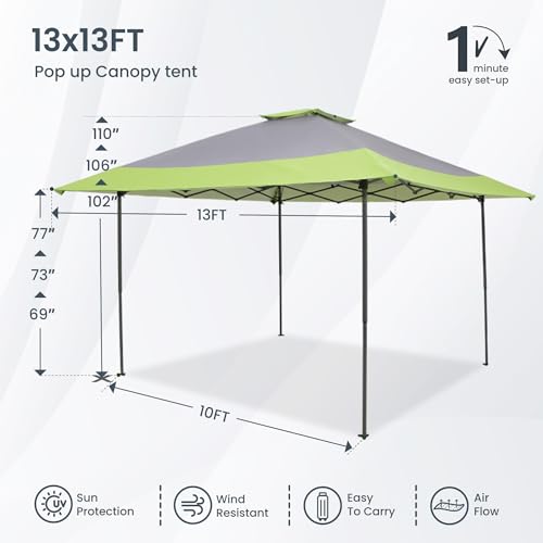 PHI VILLA Pop-Up Canopy Tent 13x13 Instant Shelter with Wheeled Bag, 150D Oxford Fabric, Green - color: Green