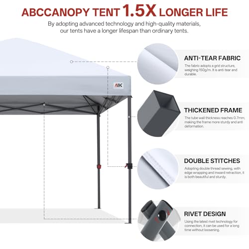 ABCCANOPY 10x10 Pop Up Canopy Tent, Easy Setup Instant Shelter with Wheeled Bag, Heavy Duty Outdoor Canopy for Beach, Market, Backyard, UV Protection, Outdoor Weather Protection (White, 10x10) - color: White, size: 10x10