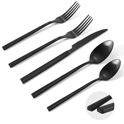 Silverware Set 40-Piece Hand Forged 18/10 Stainless Steel Black Cutlery, Matte Polished Cuboid Handle Flatware Sets, Service for 8 - color: Matte Black