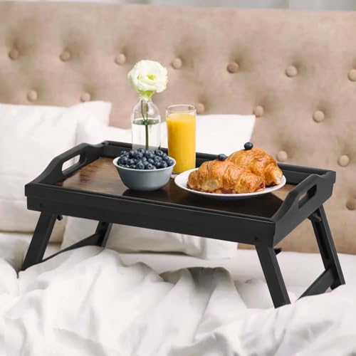 2 Pack Bed Tray Table with Adjustable Legs Breakfast Trays Serving Tray Bamboo Bed Laptap Floding Legs with Handles and Phone Holders - color: 2 Pack