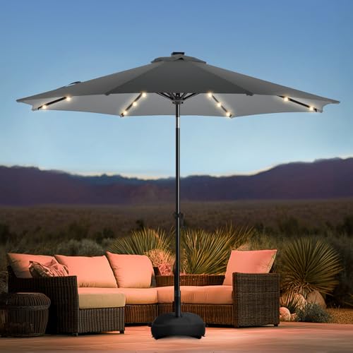 wikiwiki 10FT Solar Led Patio Umbrella with Base Included, 32 LED Lights, 8 Sturdy Ribs, Fade Resistant Waterproof POLYESTER DTY Canopy for Garden, Lawn, Deck, Backyard & Pool, Dark Gray - color: Dark Gray, size: 10FT