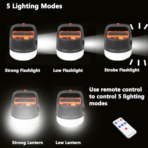 Camping Tent Light LED Solar Lantern Bulb with Remote Control Hanging Waterproof Rechargeable 5000LM Flashlight Portable 5 Lighting Modes 4 Power Display Outdoor Hurricane Power Outage 2 Pack - color: Black-2set