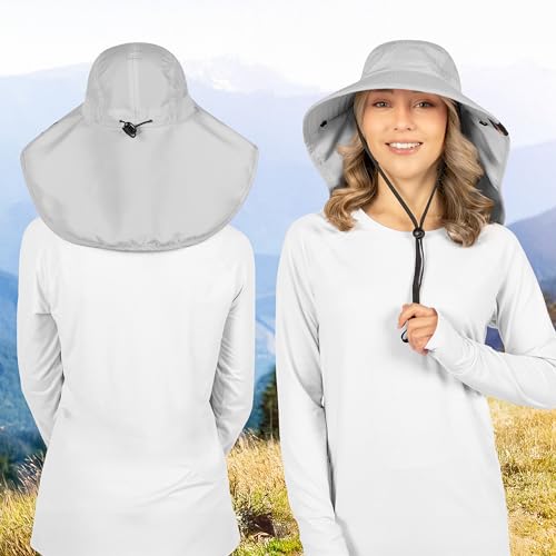 SUN CUBE Wide Brim Sun Hat with Neck Flap, UPF50+ Hiking Safari Fishing Hat for Men Women, Sun Protection Beach Hat - color: Light Grey