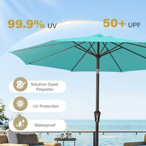 MEWAY 9ft Patio Umbrella Outdoor Table Umbrellas with Push Button Tilt and Crank, Market Umbrella 8 Sturdy Ribs for Deck, Garden, Pool and Backyard, Teal - color: Teal, size: 9ft