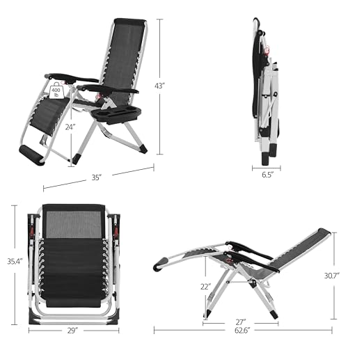 Yaheetech 29in Zero Gravity Chair, Foldable Premium Reclining Lounge Recliner w/Removable Pad & Pillow & Side Accessory Tray for Indoor and Outdoor Gray 1PCS - color: Grey, size: 29"