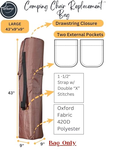 Replacement Bag for Folding Camping Chair, Portable Camp Chair, Hammock, Yoga Mat, Umbrella, Tents, Tripods, Fishing Poles - 420D Oxford Polyester Fabric - color: Brown, size: Large 43"x9"x9"