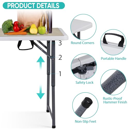 SUPER DEAL Portable 4 Foot Plastic Folding Table, Indoor Outdoor Heavy Duty Fold-in-Half Picnic Party Camping Barbecues Table with Carrying Handle, White - size: 4 FT