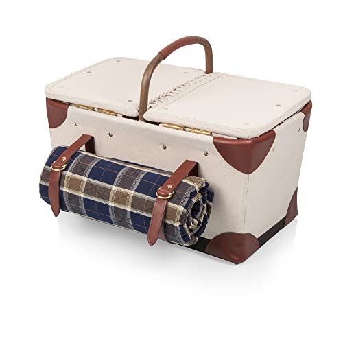 PICNIC TIME Pioneer Deluxe Picnic Basket, Romantic Vintage Wood-Framed Basket Covered in Canvas, Complete Deluxe Service for Two with Water-Resistant Bottom and Two Lids, (Beige Canvas)