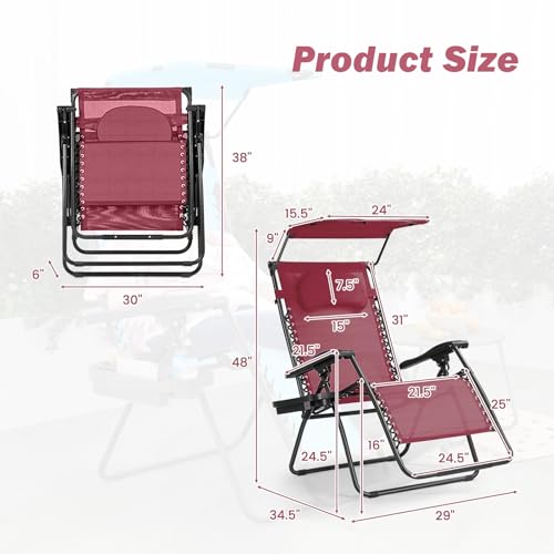 Goplus Zero Gravity Chairs, X-Large Folding Lounge Lawn Chair w/Canopy Shade & Cup Holder, Adjustable Folding Patio Recliner for Pool Porch Deck Oversize (Wine) - color: Wine Zero Gravity Chair