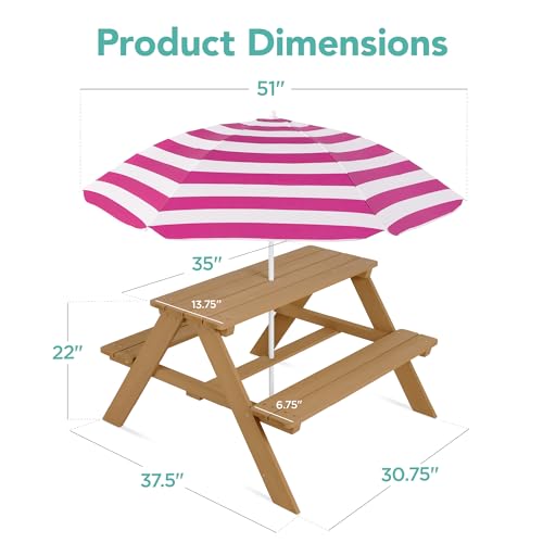 Best Choice Products Wooden Kids Picnic Table with Umbrella, Outdoor Activity Table Set with Built-in Benches, 220 lb Capacity per Bench - Natural/Dark Pink - color: Natural/Dark Pink