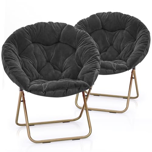 MoNiBloom Round Folding Faux Fur Saucer Chair for Bedroom Living Room Dorm Foldable Metal Frame Oversized Large Comfy Furry Padded Soft Lounge Lazy Cozy Moon Chair for Adults (Black, 2 Pieces) - color: Black