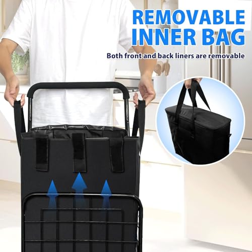 Folding Shopping Cart with Waterproof Basket Liner and Insulated Bag, Rolling Trolley with 360° Swivel Wheels Height Adjustable Portable Shopping Carts for Laundry, Baggage, Picnic - size: Medium - Front+Back Bags