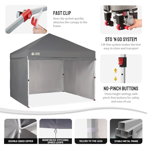 CROWN SHADES 10X10 Commercial Instant Canopy Pop Up Tent with Center Lock, 300D Fabric, 4 Sidewalls, Sto'N Go Bag, Grey - color: Gray, size: 10x10 Classic