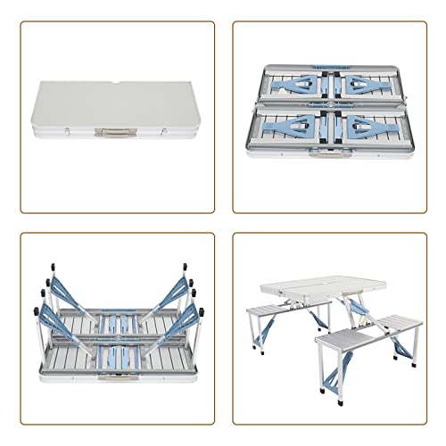 Outvita Portable Picnic Table with Seats, Folding One-Piece Dining Table Set with Suitcase Umbrella Hole for BBQ Gathering Travel Party Beach Patio - color: Silver
