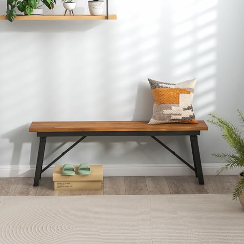 HAPPYGRILL Folding Picnic Bench Set of 2, 55” Long Rectangular Wooden Dining Camping BBQ Benches, Portable Acacia Wood Bench w/Metal Frame, Outdoor Indoor Bench Seat for Porch Garden Yard Patio Deck