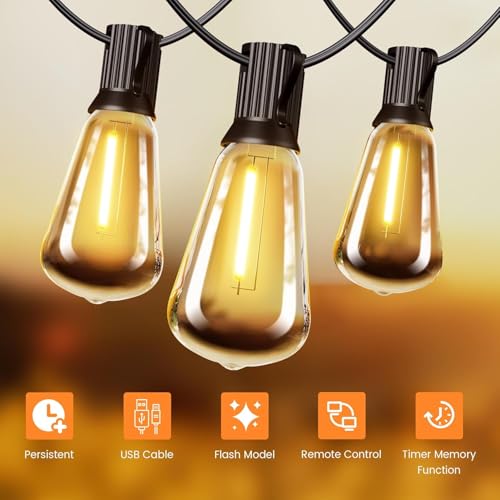 OHLUX 60FT Solar Globe String Lights Outdoor, Shatterproof Solar Patio Lights with Remote, 27 Dimmable LED Filament ST38 Bulbs, 2200K Soft Warm White Edison Hanging Light for Outside Canopy Deck - color: Warm White, size: 18M
