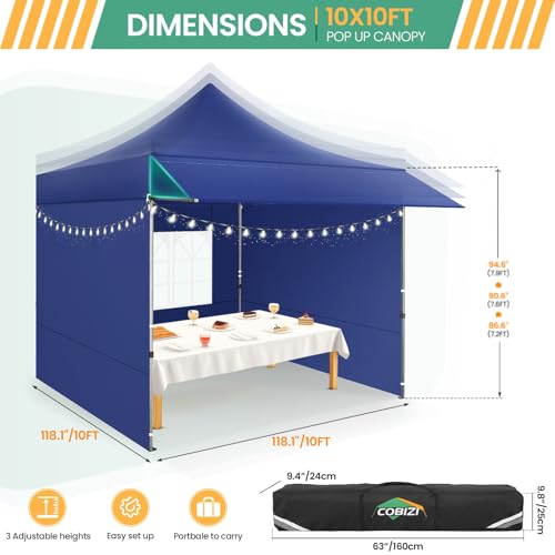 COBIZI 10x10 Pop up Canopy Tent with Awning and Sidewalls, Heavy Duty Commercial Instant Tents for Market, Outdoor Events, Deep Blue - color: Deep blue, size: 10x10FT with 3 Sidewalls & 1 Awning Cloth