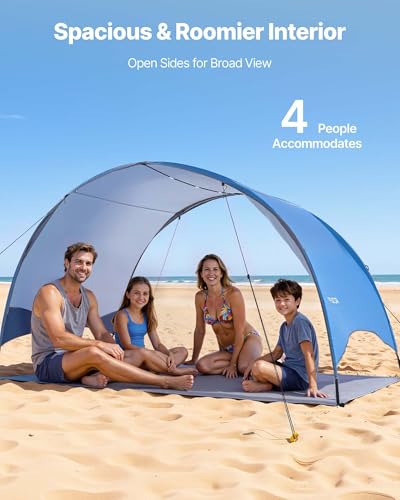 VEVOR Beach Tent Sun Shelter for 4 Person, UPF 50+, Portable Sun Shade Beach with Carrying Bag & Ground Stakes, Lightweight and Easy Setup Beach Umbrella for Camping Fishing Outdoor Picnic - size: 4 Person