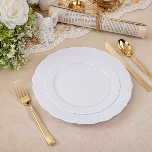 U-QE 100 Pieces White Plastic Plates - White Disposable Plates - Premium Hard Plastic Disposable Plates for Wedding and Party Use Including 50 Dinner Plates 10 '' & 50 Dessert Plates 7.5 '' - color: White
