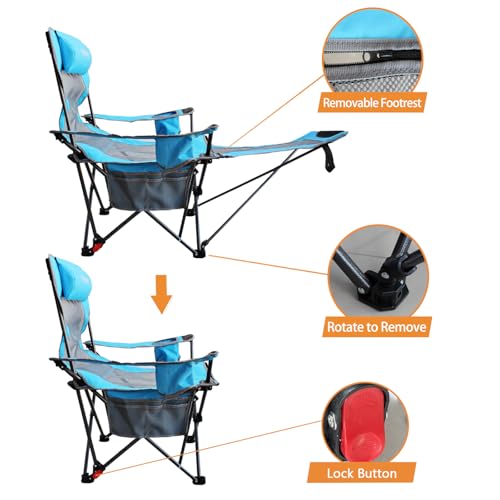 Reclining Camping Chair with Removable Footrest Lounge Chair with Headrest, Cotton Cushion, Portable Adjustable Folding Chairs - color: Blue, size: 1 pack