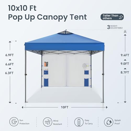 PHI VILLA Canopy Tent 10x10 Pop Up Canopy Outdoor Shade with Pockets Sidewall, Easy Up Sun Shelter with One Person Set Up Center Lock, Portable Instant Camping Beach Canopy Tents, Blue - color: Blue, size: 10×10 with 1 sidewalls