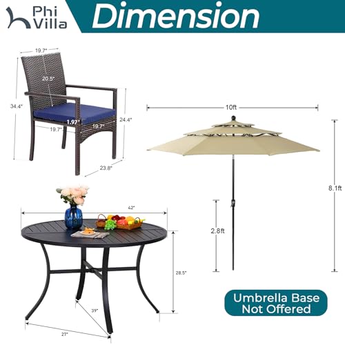 PHI VILLA 5 Pieces Outdoor Dining Set with Umbrella for 4, Round Metal Iron Dining Table & Wicker Chairs with Cushions & Large Beige Umbrella, Morden Dining Furniture for Patio, Deck, Yard, Porch - color: Beige, size: 5PCS 42" Round Table