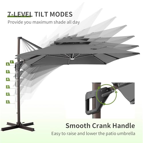 JZAC & QZYD 9x12 FT Outdoor Cantilever Patio Umbrella with LED Lights, Large Heavy Duty 2-Tier Aluminum Offset Umbrellas with 360-Degree Rotation for Pool Deck, Grey - color: Grey, size: 9'×12'