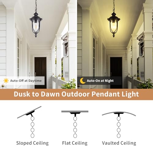 JYZ Vintage Dusk to Dawn Outdoor Hanging Lantern, 15 Inch Rustic Exterior Pendant Light Fixture with Seeded Glass, Antique Black Ceiling Mount Chandelier for Porch, Patio, Gazebo, Entryway JYOPL04 - size: 04-medium