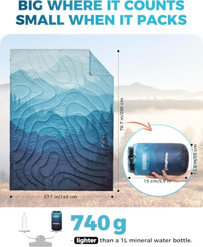 KingCamp Ultralight Camping Blanket, Packable Down Alternative Puffy Printed Wearable Blanket with Snap Buttons & Corner Loops Weatherproof Quilt for Outdoor Travel Stadium (78.7"L x 57.1”W, CYAN) - color: Scenictrail-cyan, size: 79" x 57"