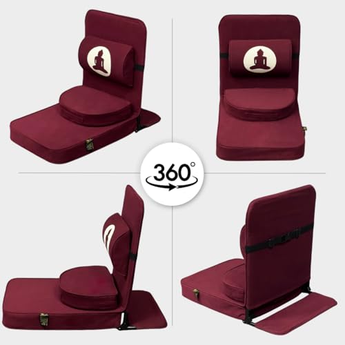 Friends of Meditation Relaxing Buddha Meditation Chair | Detachable Rectangular Back Support & Zafu Cushion | Portable Folding Chair | Floor Chair with Back Support | Yoga Chairs for Adults | Maroon - color: Maroon