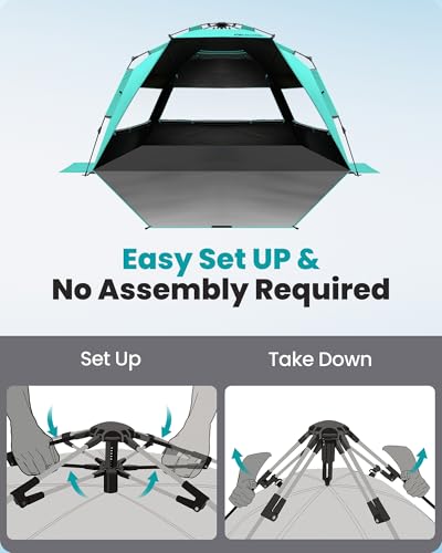 OutdoorMaster Beach Tent with Blackout Shelter Technology, Portable Sun Shade Shelter 4 Person, Pop Up Beach Tents with UPF 50+ UV Protection, 9.5mm Thick Pole, 3 Ventilating Mesh Windows -Green - color: Green