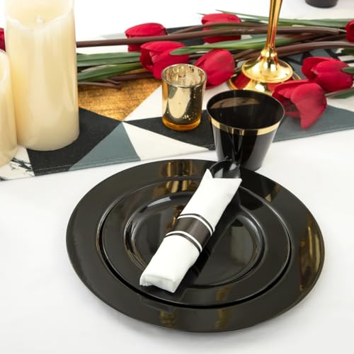 EI 350pcs Black Plastic Plates Disposable Heavy Duty Plastic Dinnerware Set Pre Silverware and Napkins Set Black and Gold Cups for Party Suit for Party,Wedding,Afternoon Tea,Spring,Valentine's Day - color: Black Plastic Plates Dinnerware