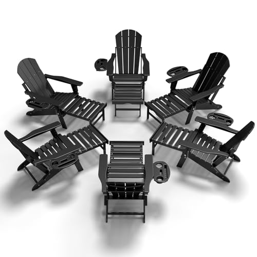 NAVINE Adjustable Adirondack Chair with Retractable Ottoman Set of 6, HDPE Folding Adirondack Chair with Cup Holder, All Weather Fire Pit Chair for Outdoor. - color: Black, size: 6 pcs