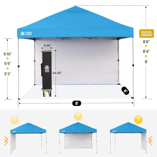 CROWN SHADES 8x8 Pop Up Canopy with 1 Side Wall - Beach Tent with One Push Setup - Outdoor Sun Shade for Events, Parties, Camping - Gazebo with STO-N-Go Cover Bag (Sky Blue) - color: Sky Blue, size: 8x8FT
