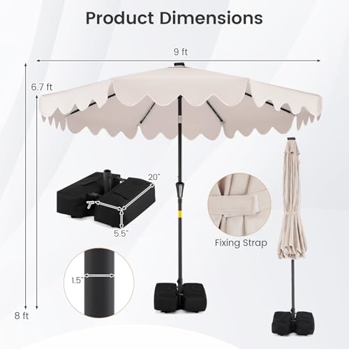 Tangkula 9 FT Solar Patio Umbrella with Base Included, 2-Tiers Outdoor Scalloped Table Umbrella with 32 LED Lights, 2 Sandbags, Tilt Adjustment, Crank, 8 Ribs for Market Backyard Pool Deck Beach Lawn - color: Beige, size: 9 FT