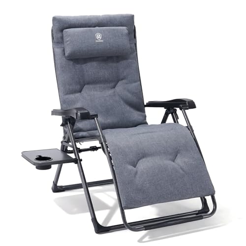 EVER ADVANCED Thick Padded Zero Gravity Chair, Oversized Reclining Lounge Chair with Adjustable Headrest & Cup Holder, Heavy Duty Support 350 lbs, Foldable for Camping, Lawn, Outdoor & Indoor - color: Grey, style: 1 Pack